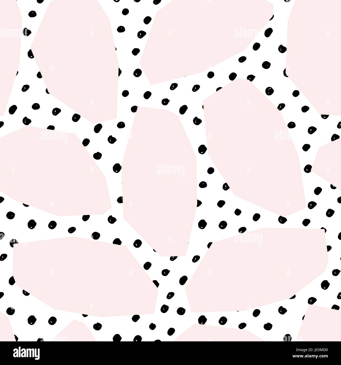 Seamless wiederholen Muster mit geometrischen Formen in erröten rosa und schwarze Punkten auf weißem Hintergrund Textur. Abstrakte Stil Textil, Geschenkpapier, Wand ein Stock Vektor