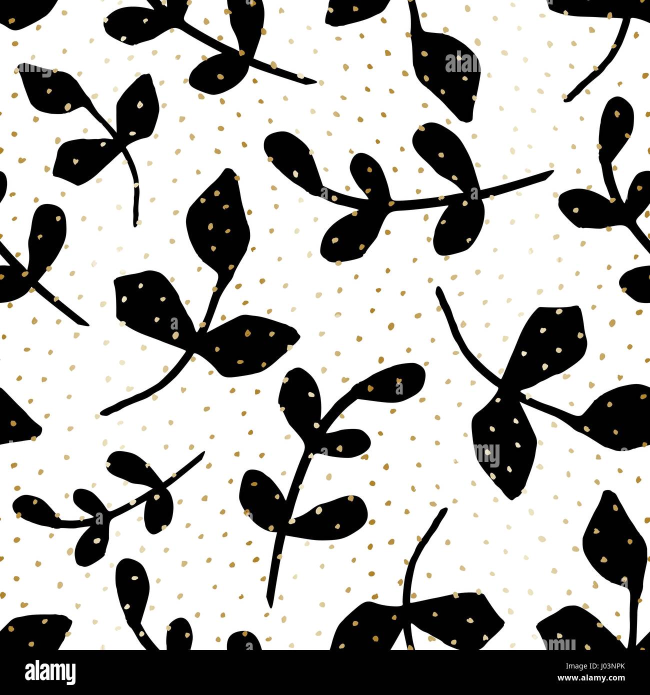 Nahtlose Muster mit schwarzen Ästen und gold Punkte Textur auf weißem Hintergrund. Natur inspiriert Geschenkverpackung, Textil, Tapete, Wand-Kunst-Design. Stock Vektor