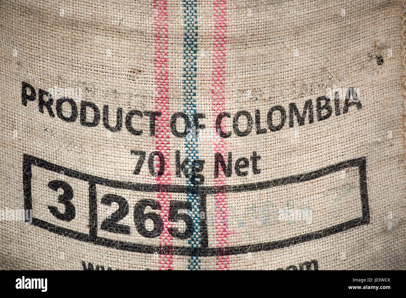 Produkt von Kolumbien hessische Kaffeebohne Sack UK Stockfoto