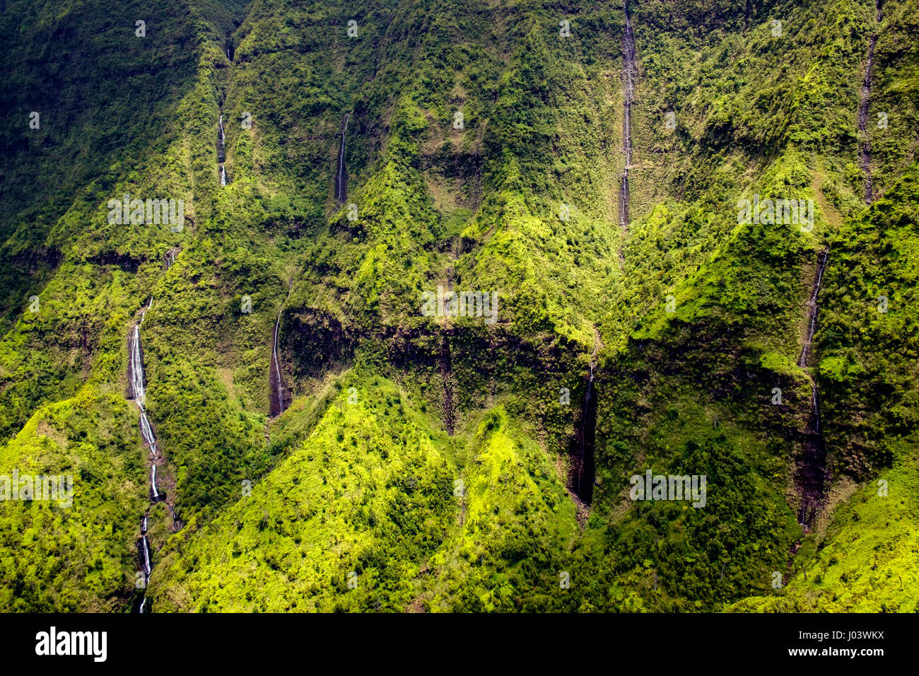 Luftaufnahme der Wasserläufe, Wasserfälle und üppige Landschaft, Kauai, Hawaii, USA Stockfoto