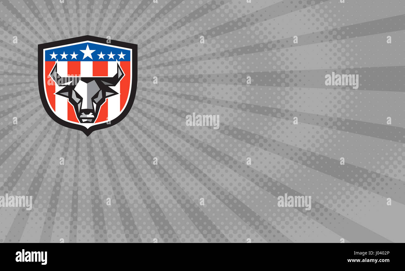 Visitenkarte zeigt niedrige Polygon Stil Abbildung von einem Stier Kuh Kopf Vorderseite setzen innen Schild Wappen mit Usa amerikanischen Stars und Stripes Flagge Stockfoto