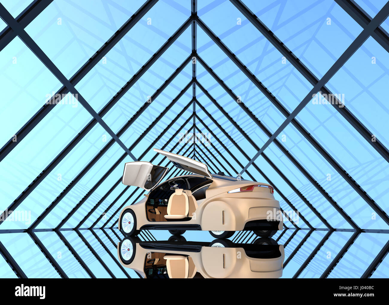 Selbstfahrenden Auto am triangulieren Form Hintergrund. 3D-Rendering Bild. Stockfoto