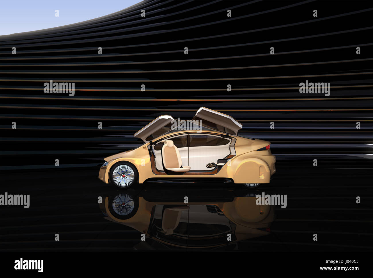 Seitenansicht der Champagne gold Farbe Auto auf abstrakten Hintergrund. 3D-Rendering Bild. 3D-Rendering Bild. Stockfoto
