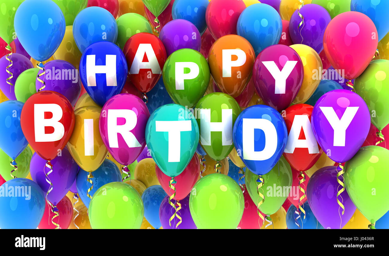 Ballon fliegen und notieren Sie Geburtstag. 3D illustration Stockfoto