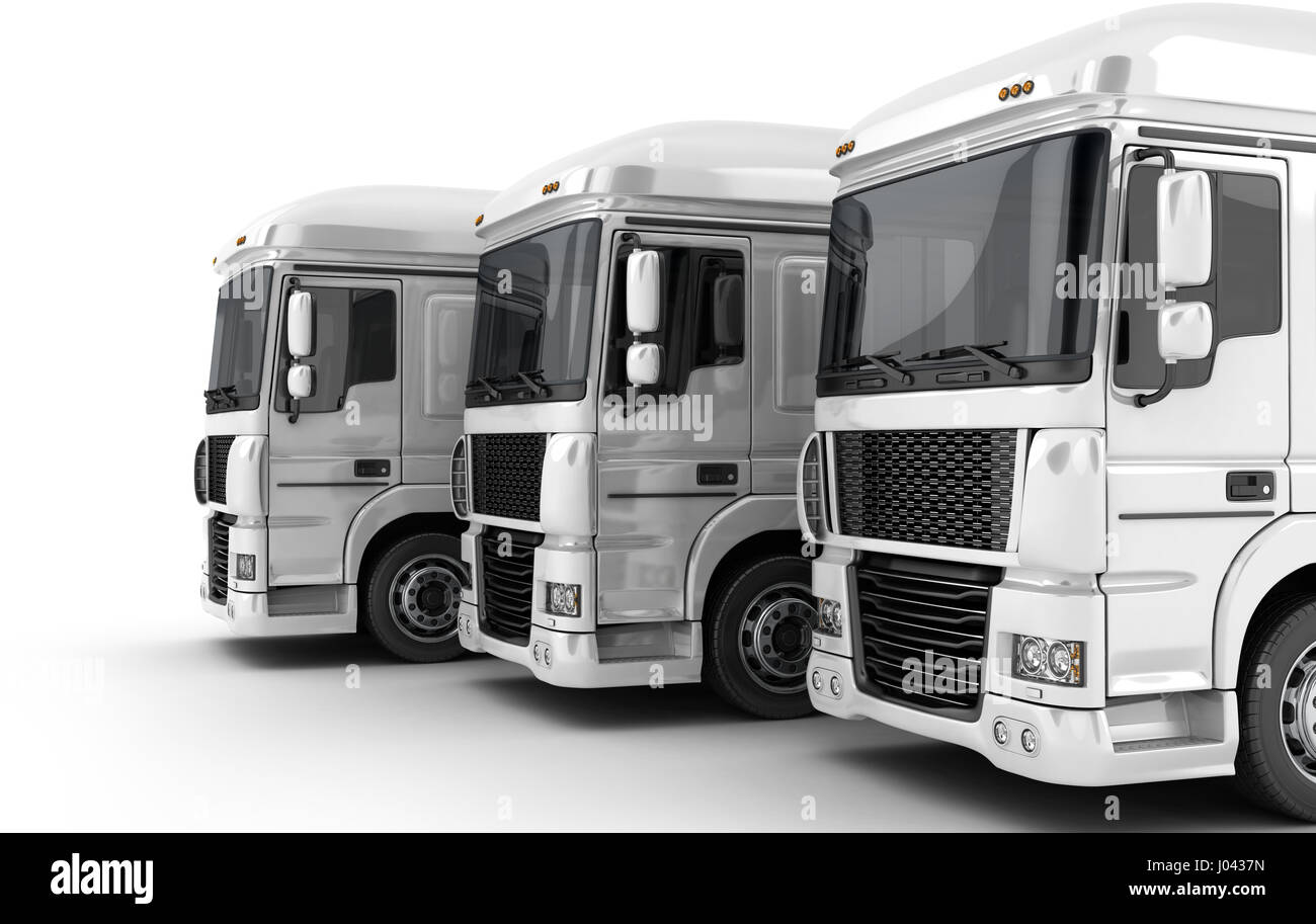 Drei weiße großen LKW auf weißem Hintergrund. 3D illustration Stockfoto