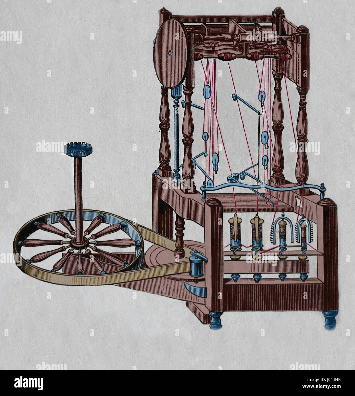 Arkwrights Spinnen-Frame. Wasserrahmen. Entworfen von Richard Arkwright. Gravur, Nuestro Siglo, 1883. Spanische Ausgabe. Stockfoto