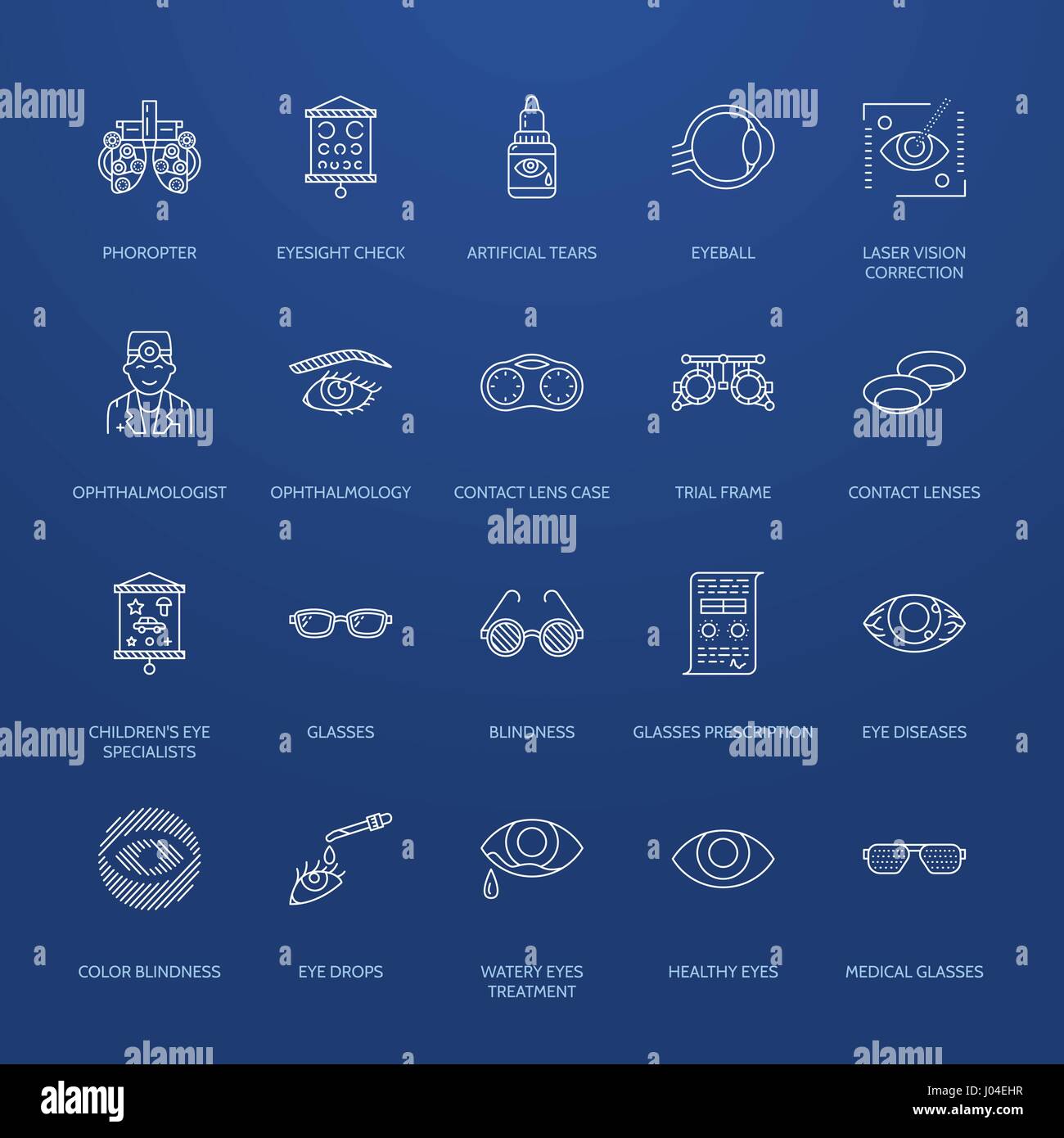 Augenheilkunde, Augen Gesundheitswesen Linie Symbole. Optometrie Ausrüstung, Kontaktlinsen, Brille, Blindheit. Vision Korrektur dünne lineare Zeichen für Augenarzt Klinik Stock Vektor