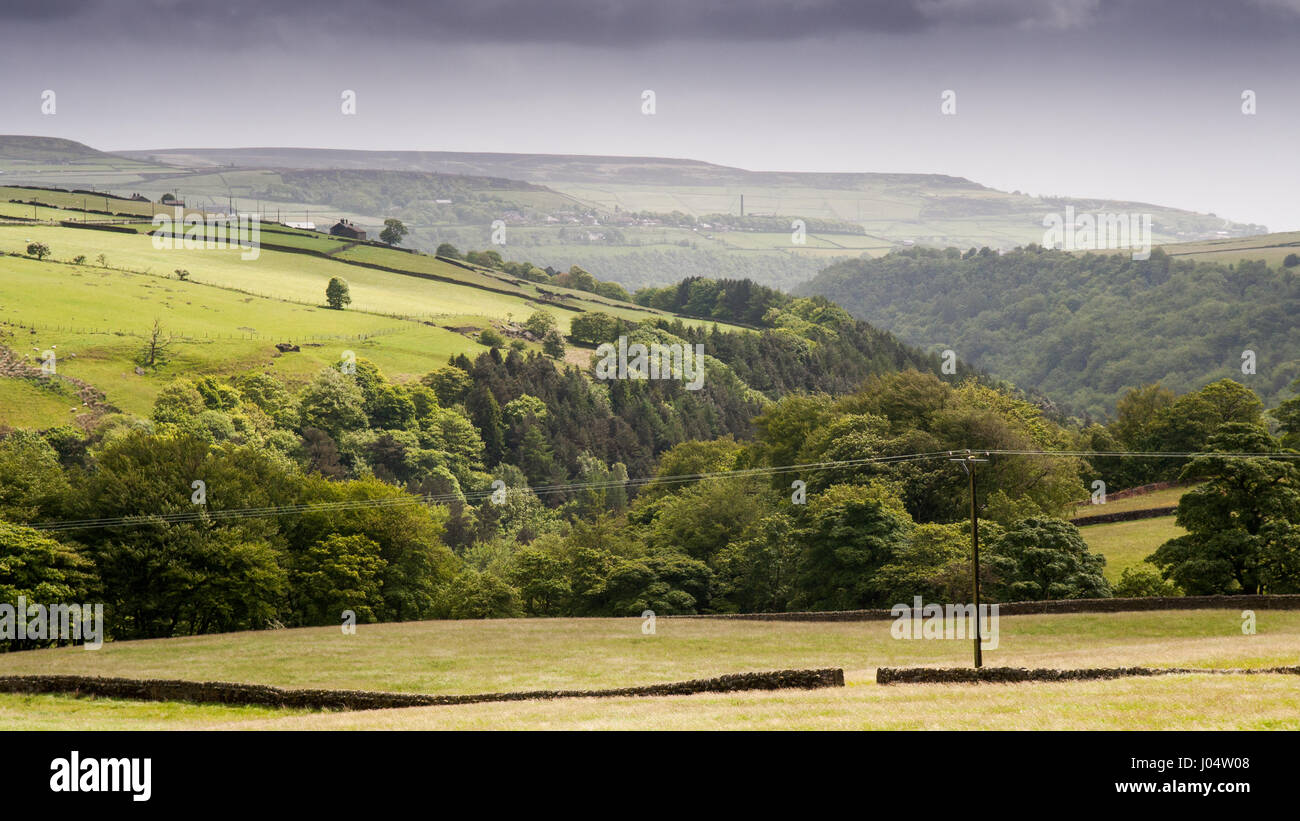 Landwirtschaftlich genutzten Feldern und Moorland oberhalb Heptonstall in der südlichen Pennines Hochland Region von England. Stockfoto