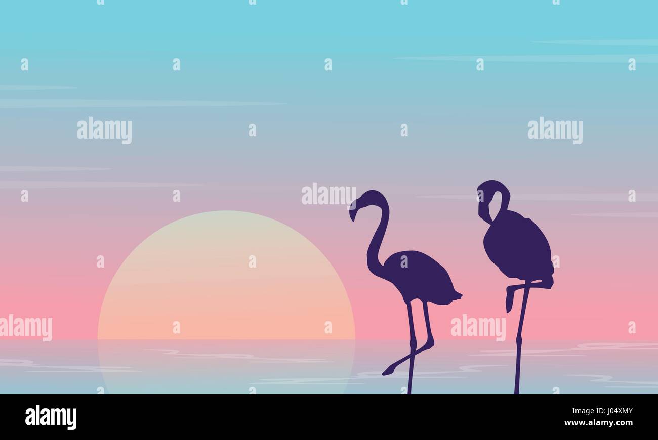 Schönheit der Landschaft mit Flamingo Silhouette auf See Stock Vektor