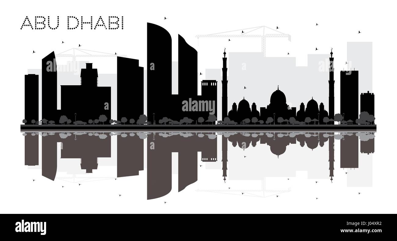Abu Dhabi City Skyline schwarz-weiß Silhouette mit Reflexion. Vektor-Illustration. Einfache flache Konzept für Tourismus Präsentation, Banner, Plakat Stock Vektor