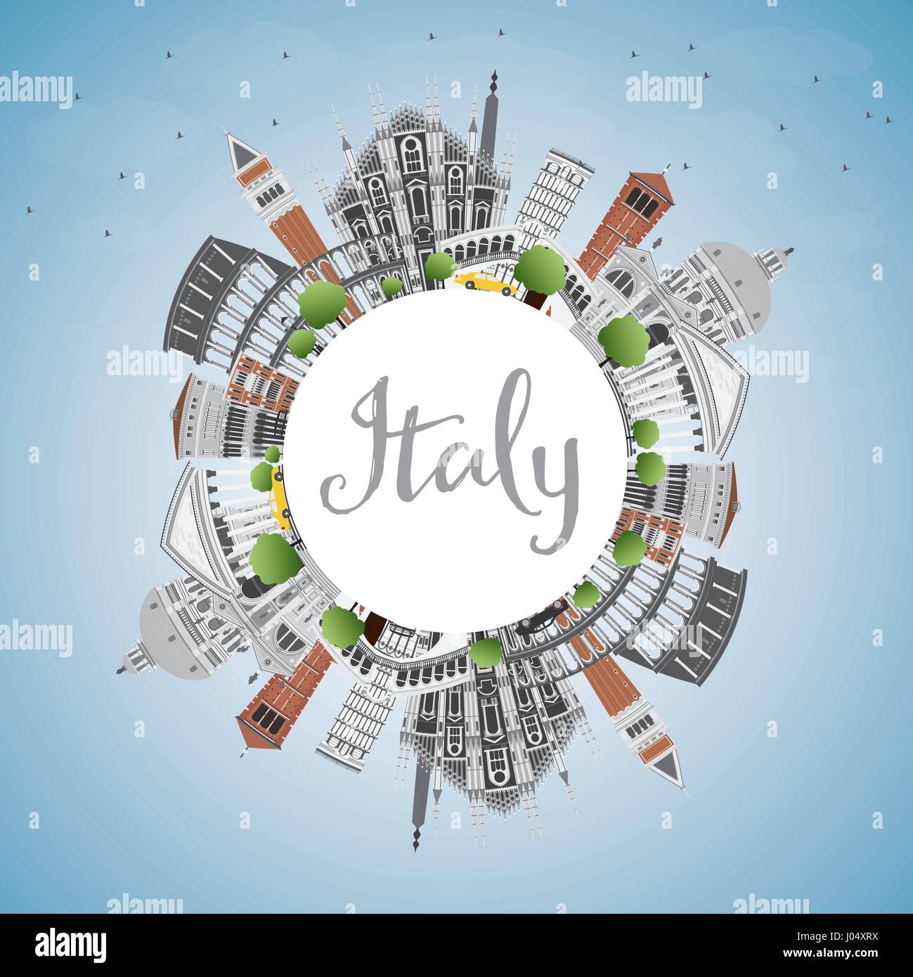Italien-Skyline mit Sehenswürdigkeiten und Textfreiraum. Vektor-Illustration. Geschäftsreisen und Tourismus-Konzept mit historischer Architektur. Stock Vektor