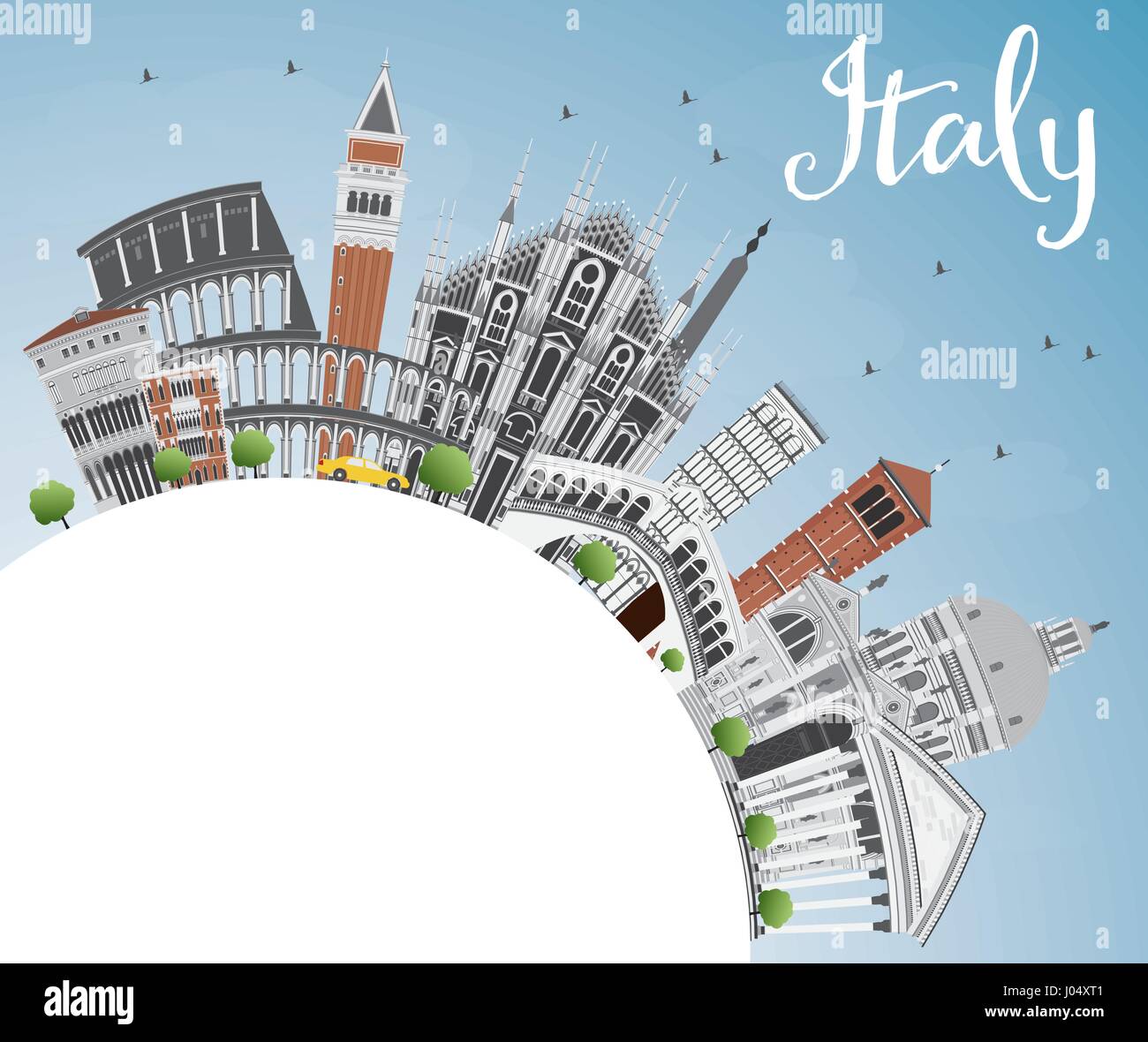 Italien-Skyline mit Sehenswürdigkeiten und Textfreiraum. Vektor-Illustration. Geschäftsreisen und Tourismus-Konzept mit historischer Architektur. Stock Vektor