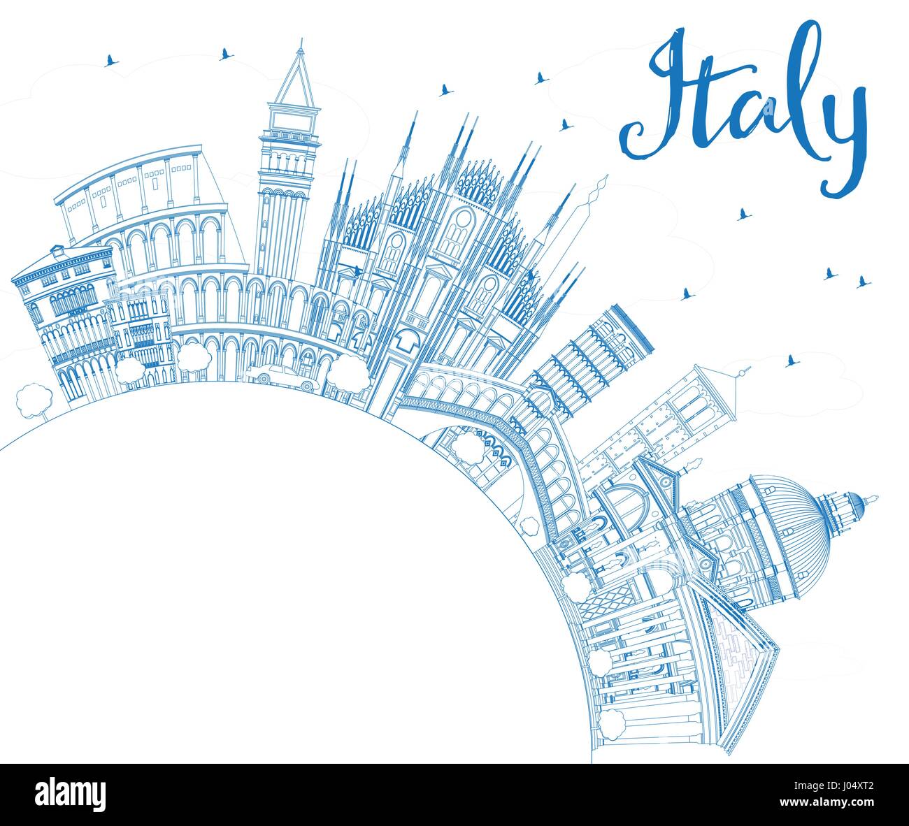 Übersicht Italien mit blauen Wahrzeichen und textfreiraum Skyline. Vektor-Illustration. Geschäftsreisen und Tourismus-Konzept mit historischer Architektur. Stock Vektor