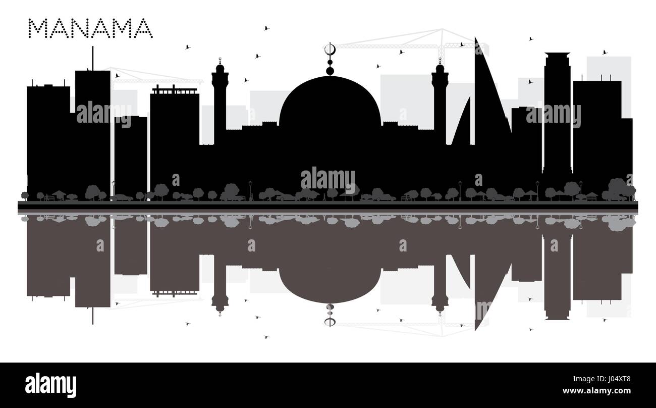 Manama Skyline schwarz-weiß Stadtsilhouette mit Reflexionen. Vektor-Illustration. Einfache flache Konzept für Tourismus Präsentation, Banner, Plakat Stock Vektor