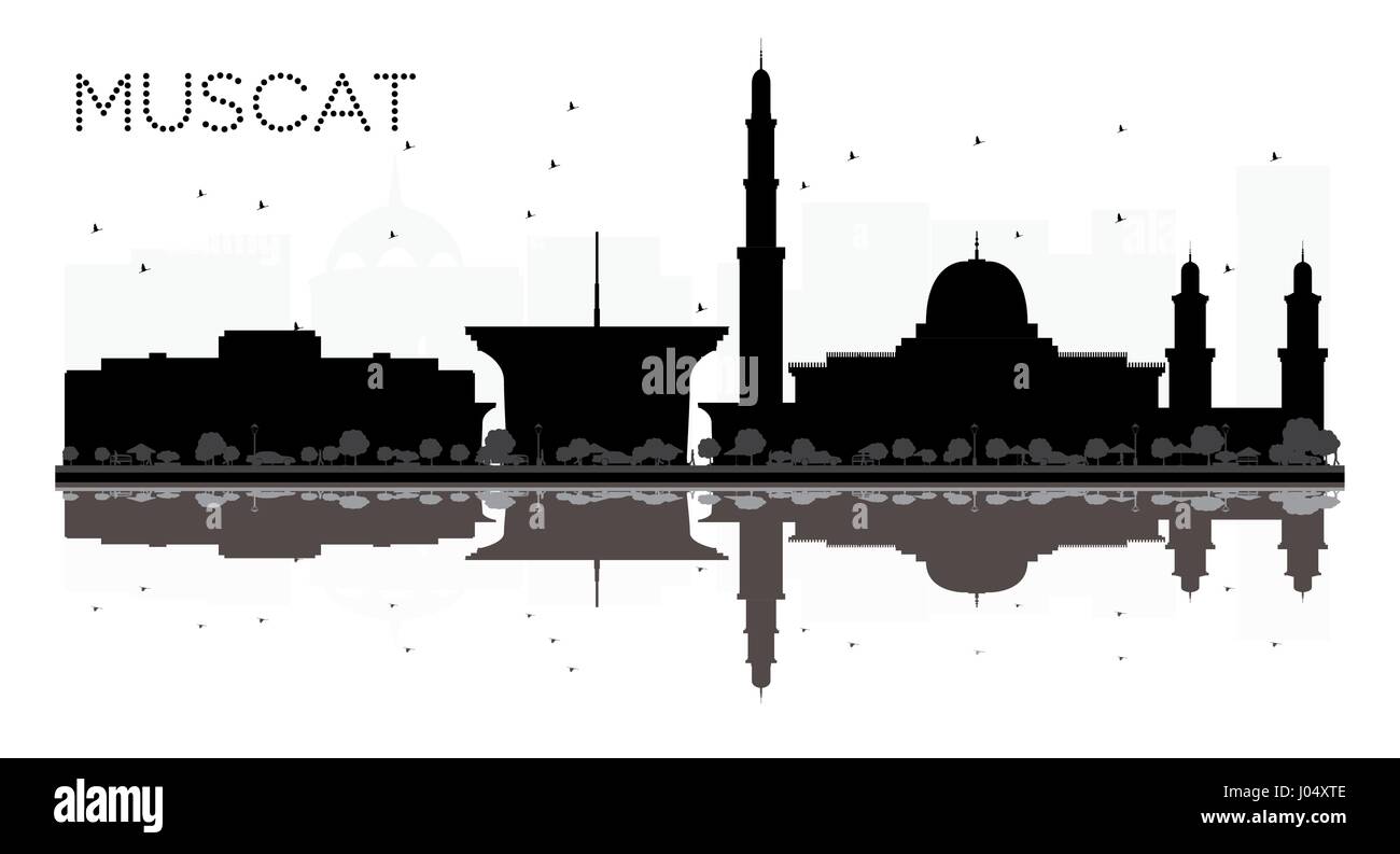 Muscat City Skyline schwarz-weiß Silhouette mit Reflexionen. Vektor-Illustration. Einfache flache Konzept für Tourismus Präsentation, Banner, Plakat Stock Vektor