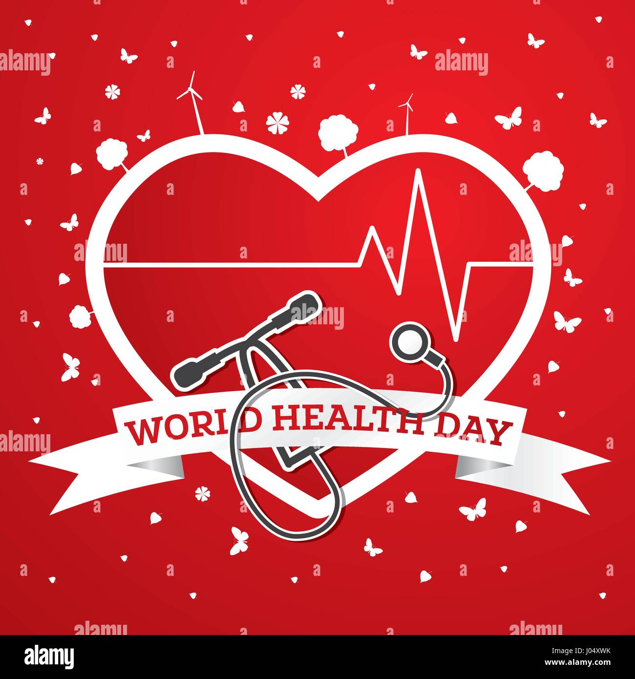 Welt Tag Gesundheitskonzept mit Arzt Stethoskop und rotes Herz. Vektor-Illustration. Stock Vektor