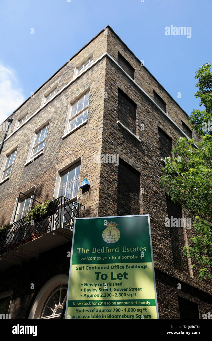 Ein Schild, dass Bürogebäude in Bloomsbury, London, im Besitz von Bedford Estates, werden zu lassen. Stockfoto