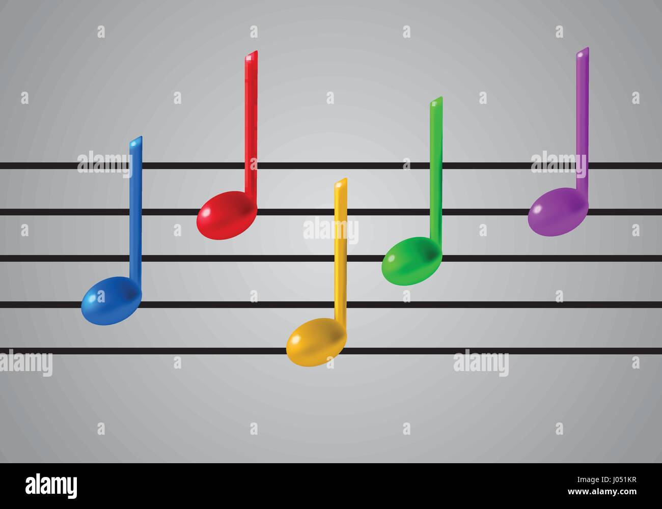 Musik Mitarbeiter und bunte Hinweise auf grauem Hintergrund. 3D realistische Vektor-Illustration. Verlaufsgitter. Stock Vektor