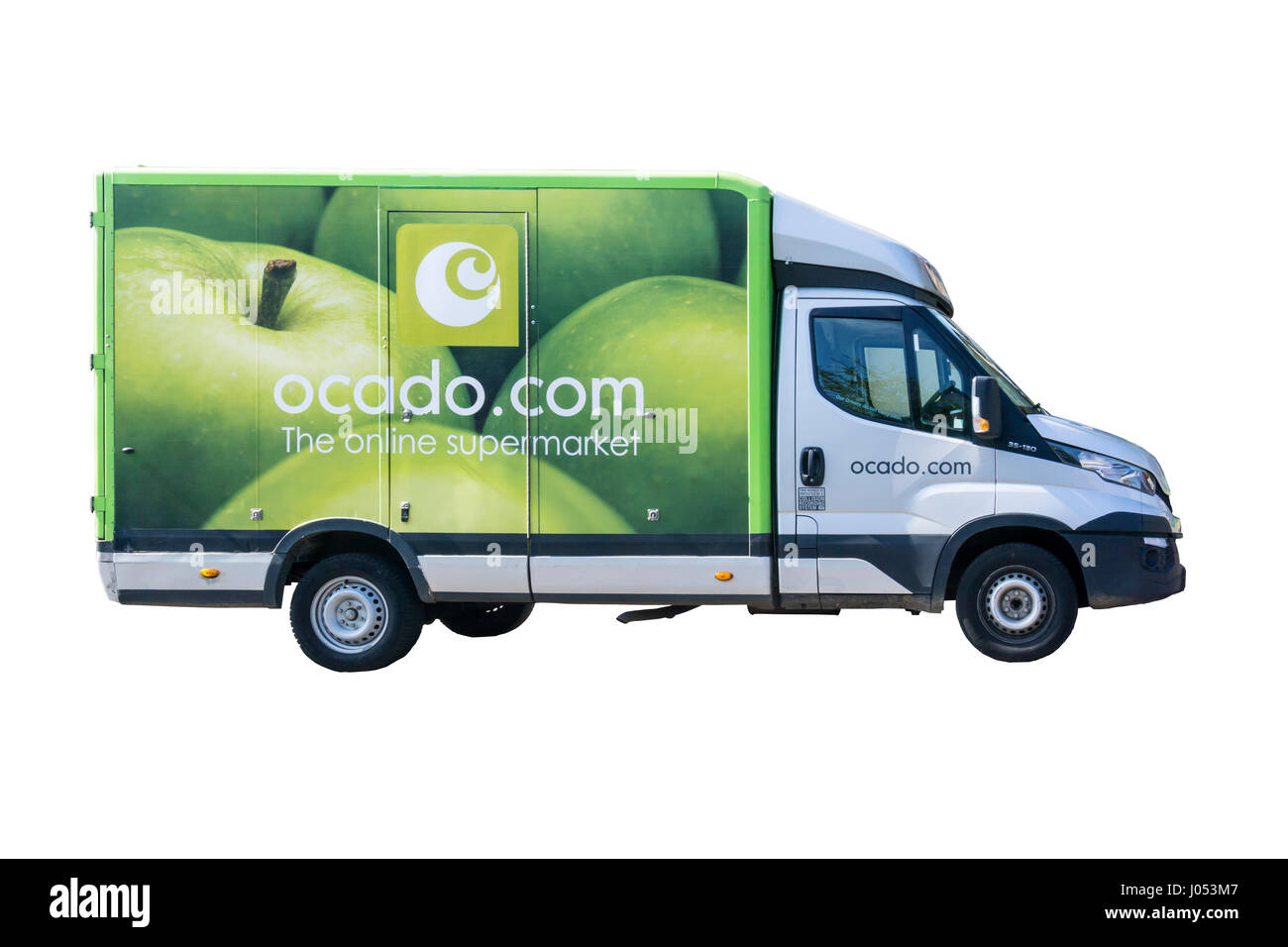 Ausschnitt aus einem Lieferwagen für Ocado Online-Supermarkt. Stockfoto