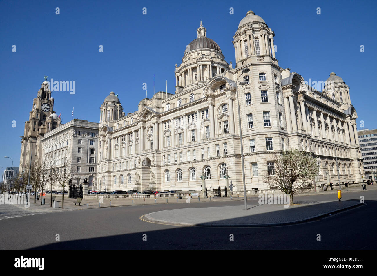 Die "drei Grazien" am Pier Head-Bereich auf den Fluss Mersey in Liverpool - Leber, Cunard und Port of Liverpool Buildings Stockfoto