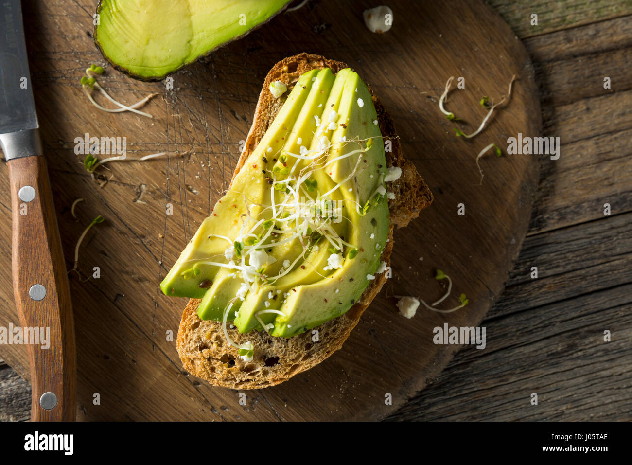 Gesunde hausgemachte Avocado-Toast mit Käse und Sprossen Stockfoto