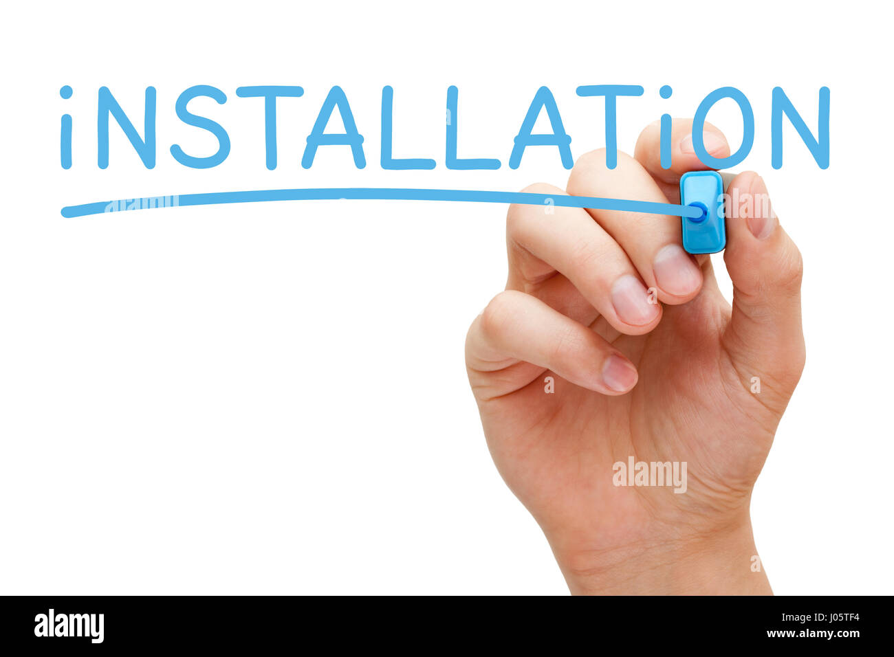 Handschrift Installation mit blaue Markierung auf transparente wischen. Stockfoto