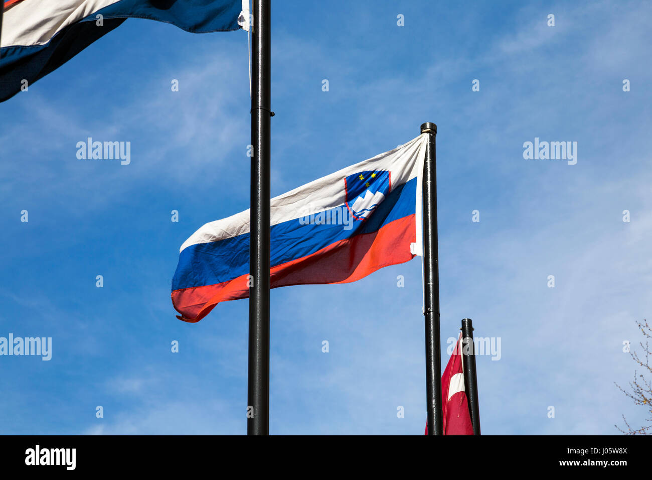 Slowenische Fahne an einem Fahnenmast außerhalb Stockfoto