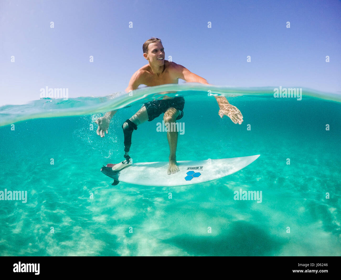 SEHEN Sie die erstaunlichen Moment kam ein Amputierte Surfer von Angesicht zu Angesicht ein Tigerhai zum ersten Mal da man ihm sein rechtes Bein beraubt. Unglaubliche Bilder und video-Show Mike Blässhühner, 37, mit Tauchen und Tigerhaie streicheln, als er gebietet, vor dem schrecklichen Angriff vor neunzehn Jahren weiterzugehen. Weitere atemberaubenden Aufnahmen zeigen Mike Surfen mit einer Prothese, während Mike ein paar Bilder zeigen wie er sich von den schrecklichen Vorfall erholte. Stockfoto