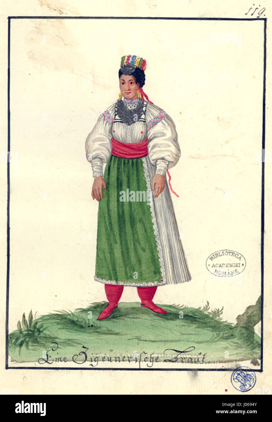 Dieses Gemälde zeigt eine traditionelle rumänische Zigeuner-Hochzeitsszene, die kulturelle Kleidung und Bräuche einfängt. Die Künstlerin präsentiert die Braut in ihrem Hochzeitskleid, was die ethnische Vielfalt der Region widerspiegelt. Stockfoto