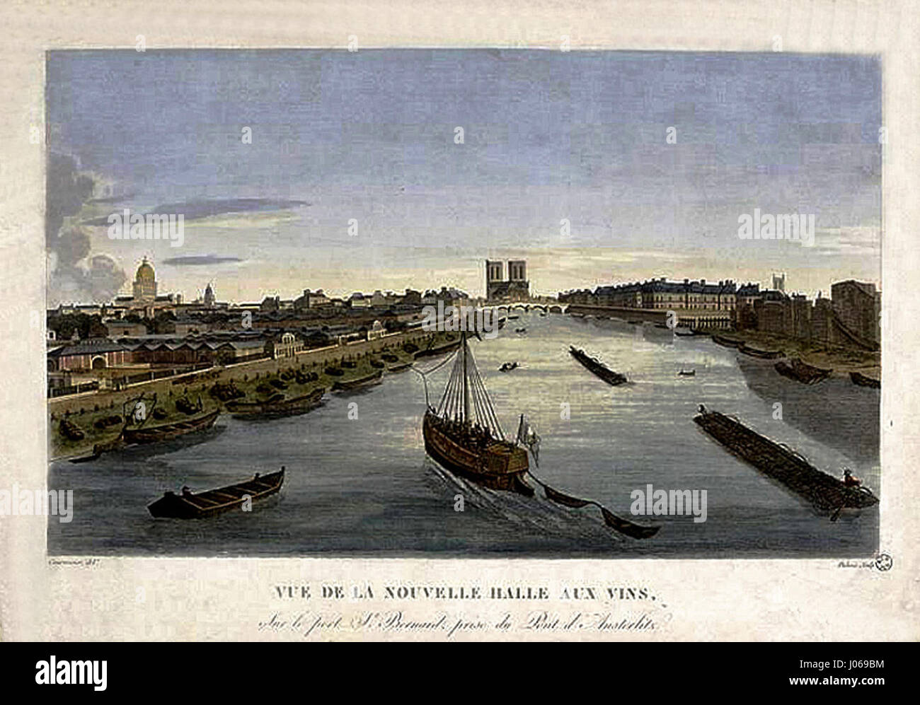 „Vue de la nouvelle Halle aux Vins de Paris“ zeigt die neu errichtete Weinmarkthalle in Paris zu Beginn des 19. Jahrhunderts. Das Gemälde hebt die architektonischen Merkmale des Gebäudes und die geschäftige Atmosphäre des Marktes hervor. Stockfoto