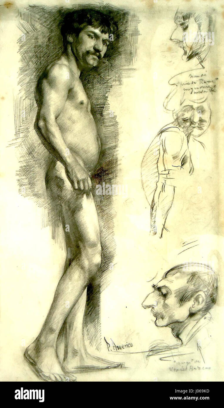 In „Figura Masculina em Pé“ präsentiert Pedro Américo eine stehende männliche Figur, die sich auf die menschliche Form und Haltung konzentriert. Das Kunstwerk fängt Kraft und würde ein und unterstreicht die muskulöse Struktur und Haltung der Figur. Stockfoto