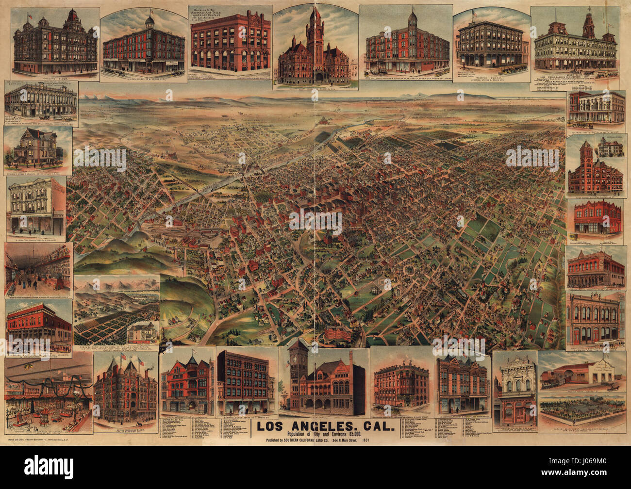 Elliotts Karte von Los Angeles aus dem Jahr 1891 zeigt detailliert das Stadtbild des späten 19. Jahrhunderts. Es umfasst Straßen, Wahrzeichen und wichtige geografische Merkmale, die für die Entwicklung der Stadt wichtig sind. Stockfoto