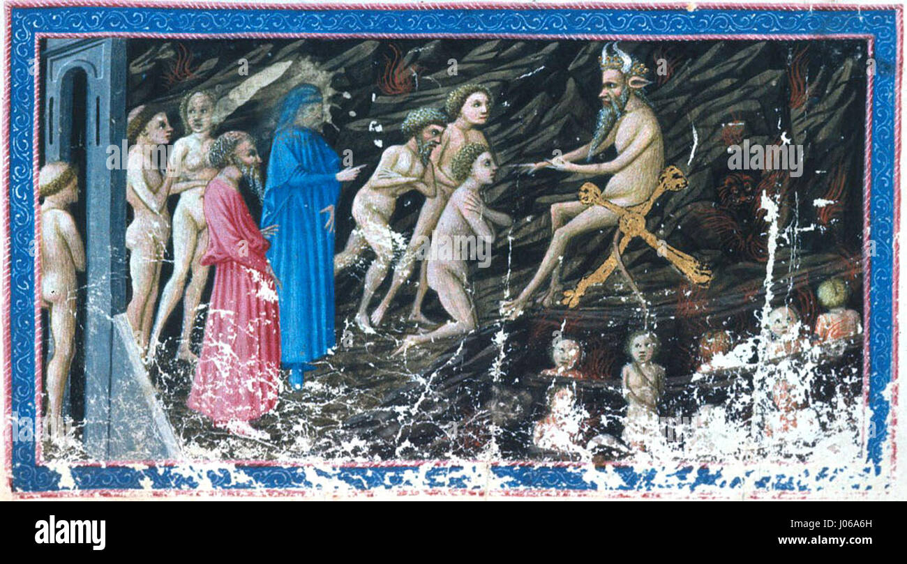 „Inf. 05 Minosse’ von Giovanni di Paolo, geschaffen zwischen 1403 und 1483, zeigt eine Darstellung des griechischen mythologischen Königs Minos. Das Gemälde ist in klassischem Mythos begründet und zeigt Minos in einem symbolischen und künstlerischen Setting. Stockfoto