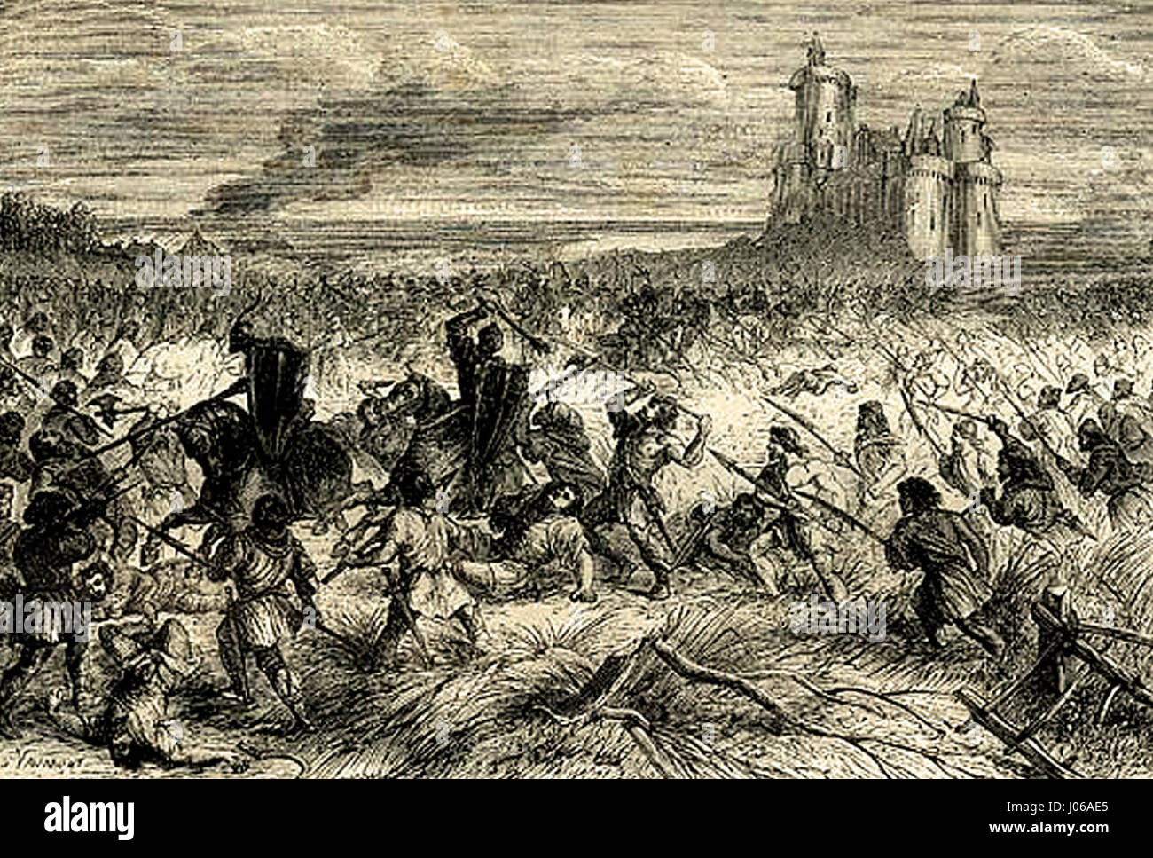 Rêvolte paysanne (Bauernaufstand) von Henri Martin ist Teil seiner „Histoire de France“-Serie, die einen historischen Bauernaufstand darstellt. Das Gemälde fängt die Spannung und Intensität der Revolte ein und konzentriert sich auf die Schwierigkeiten, denen die Bauernschaft im Kontext der französischen Geschichte des 19. Jahrhunderts gegenübersteht. Stockfoto