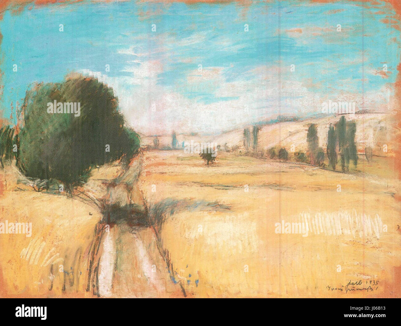 Dieses Landschaftsgemälde von Iványi zeigt Weizenfelder in der Nähe von Balatonlelle in Ungarn und fängt die natürliche Schönheit der Landschaft Mitte der 1930er Jahre ein Der Künstler verwendet sanfte Farben und schwungvolle Pinselstriche, um eine friedliche ländliche Szene zu vermitteln. Stockfoto