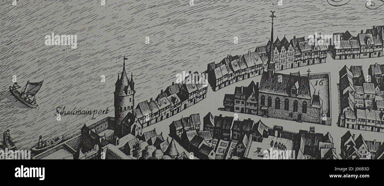 Die Dreikönigskirche und Schaumaintor von MK Frankfurt Merian zeigt zwei Wahrzeichen in Frankfurt: Die Dreikönigskirche und das Schaumaintor. Das Bild zeigt wahrscheinlich die historischen und architektonischen Merkmale der Stadt. Stockfoto