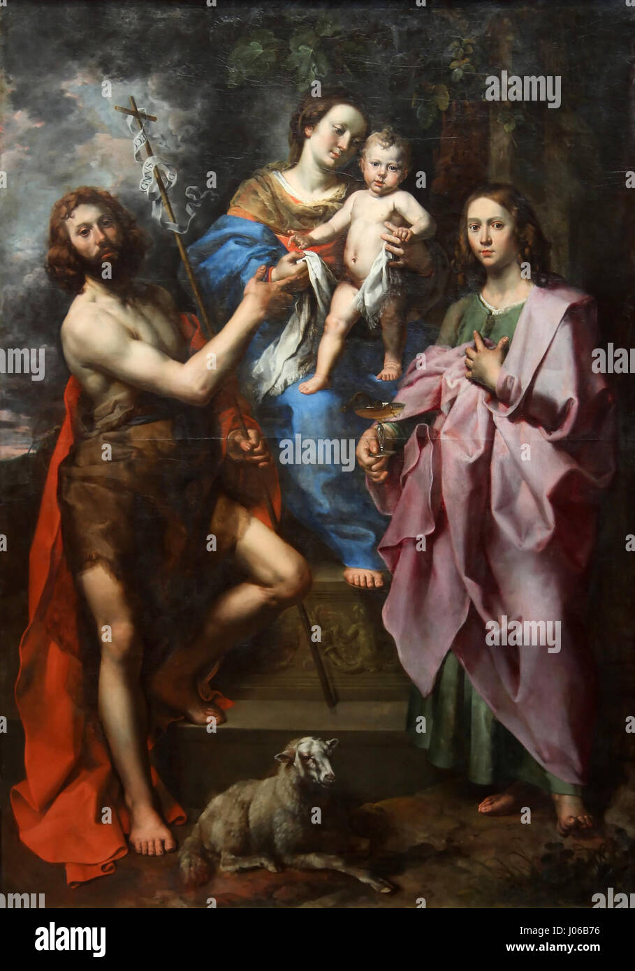 Theodor van Loons „La vierge et l'enfant entre Saint Jean-Baptiste et Saint Jean l'évangéliste“ zeigt die Jungfrau und das Kind umgeben von Johannes dem Täufer und Johannes dem Evangelisten in einer klassischen religiösen Komposition, die flämische Barockkunst aus dem 17. Jahrhundert zeigt. Stockfoto