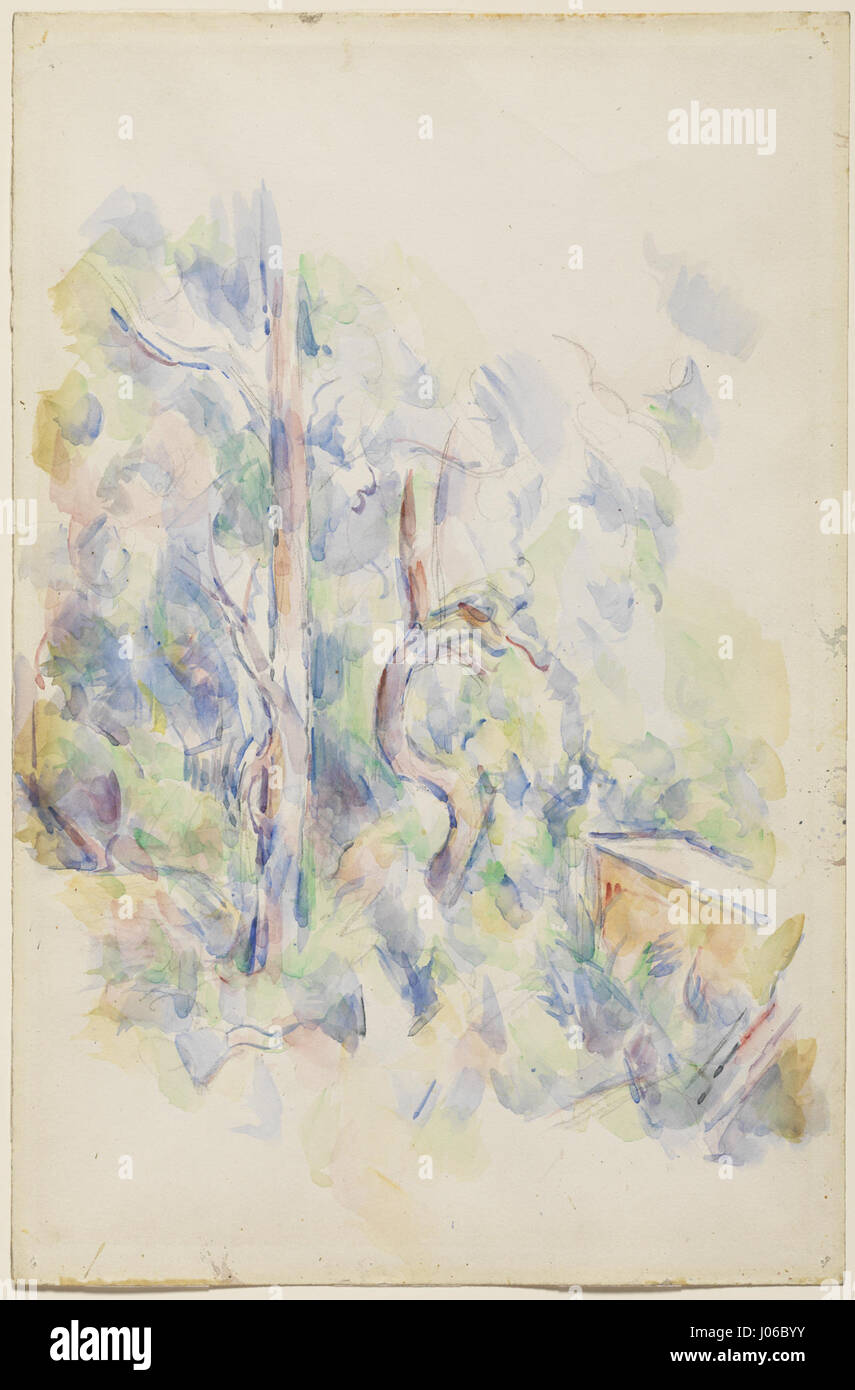 Paul Cézannes „Bäume und Zisterne im Park von Château Noir“ aus dem Jahr 1900 zeigt die natürliche Schönheit und die ruhige Atmosphäre des Parks. Das Werk zeigt Cézannes charakteristisches Pinselwerk und eine lebendige Farbpalette, die sich auf die Bäume und die zentrale Zisterne in einer ruhigen Landschaft konzentriert. Stockfoto