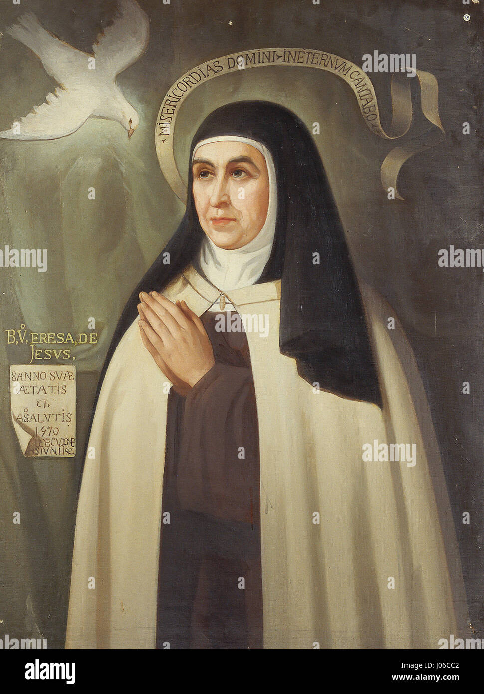 Die Santa Teresa de Jesús (St. Teresa von Jesus) im Museo del Prado ist ein Porträt des spanischen Mystikers und Reformators aus dem 16. Jahrhundert. Dieses Gemälde unterstreicht ihre spirituelle Intensität und fängt ihre Hingabe und religiöse Leidenschaft in einem Moment der Reflexion ein. Das Kunstwerk ist ein klassisches Beispiel für barocke religiöse Porträts und zeigt sowohl ihre Frömmigkeit als auch ihre göttliche Inspiration. Stockfoto