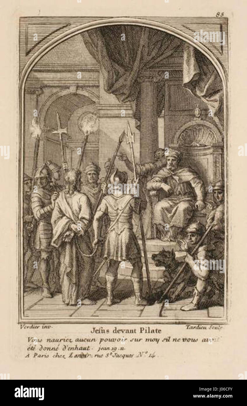 „Jésus devant Ponce Pilatus“ (Jesus vor Pontius Pilatus) von Nicolas Tardieu ist eine Darstellung eines wichtigen biblischen Moments. Die Gravur fängt die dramatische Spannung des Prozesses ein und konzentriert sich auf die Ausdrucksformen der beteiligten Figuren wie Jesus und Pontius Pilatus in einem entscheidenden Moment der christlichen Geschichte. Stockfoto