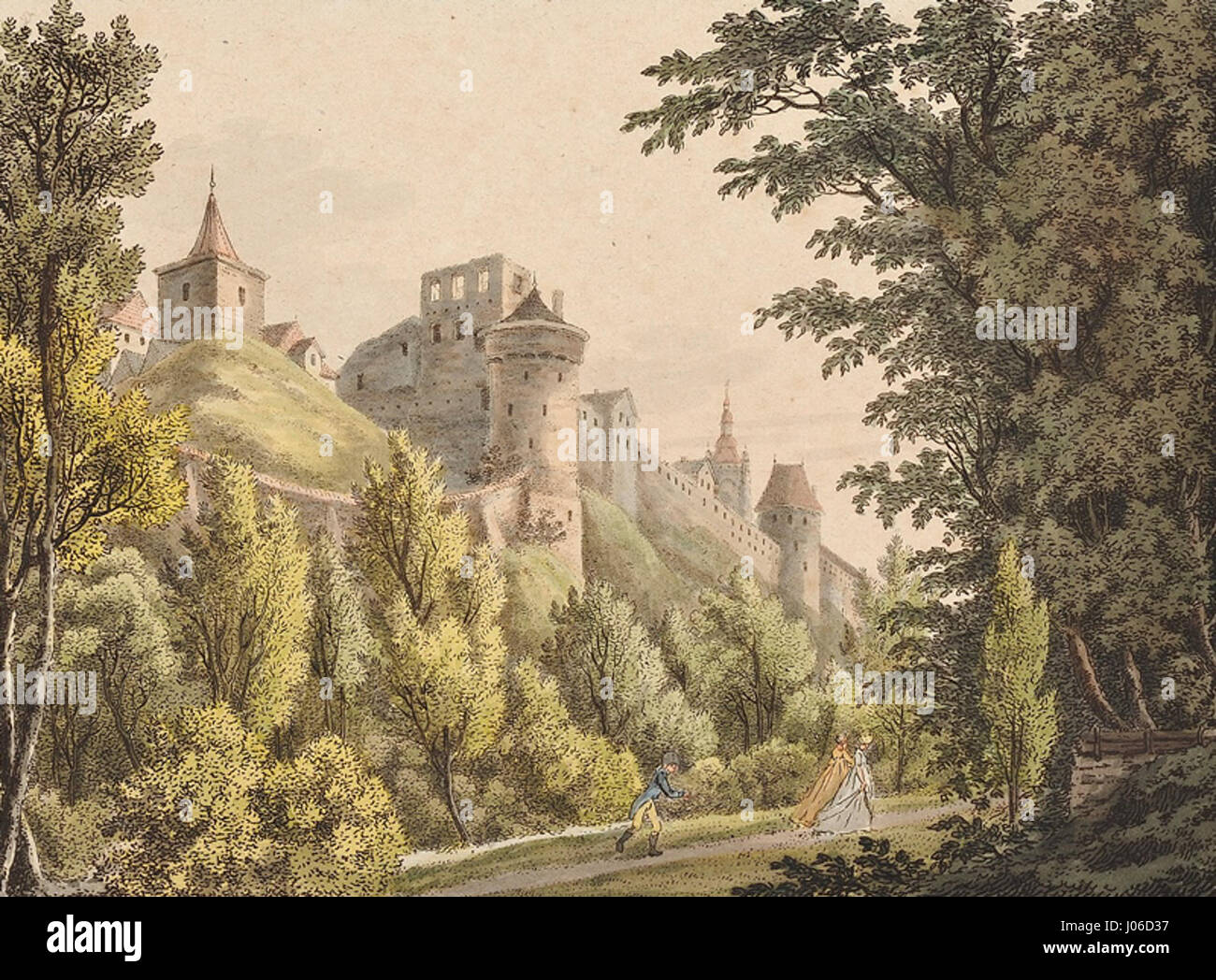 Antonín Puchernas „Pražský hrad z Jeleního příkopu“ ist ein Landschaftsgemälde, das die Prager Burg vom Hirschgraben aus zeigt. Das Stück fängt die Pracht des Schlosses in seiner natürlichen Umgebung ein und verwendet detaillierte Pinselarbeiten, um die historische Stätte darzustellen. Stockfoto