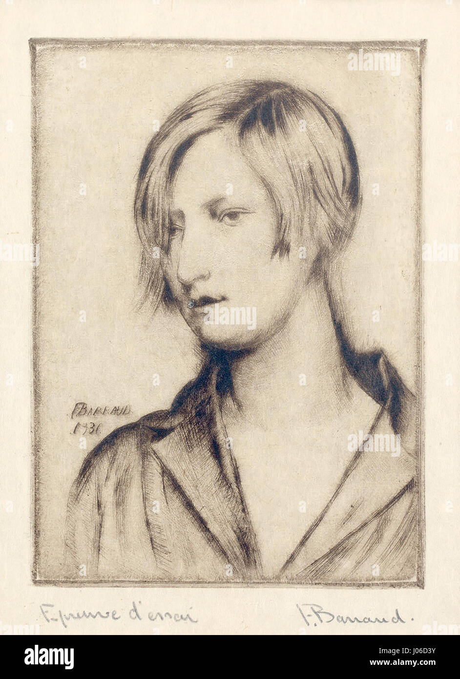 „Porträt von Marie“ von Francois Barraud: Dieses Porträt des Schweizer Künstlers Francois Barraud aus dem Jahr 1931 fängt die ruhige und reflektierende Stimmung einer Frau ein und veranschaulicht die Fähigkeit des Künstlers, Emotionen durch subtile Pinselarbeiten zu vermitteln. Stockfoto