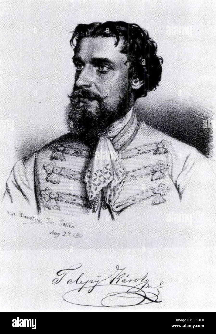 Dieses Porträt von Marastoni aus dem Jahr 1861 fängt Károly Telepy ein und hebt seine herausragenden Merkmale und seine historische Bedeutung durch raffinierte Pinselarbeiten und Liebe zum Detail hervor. Stockfoto