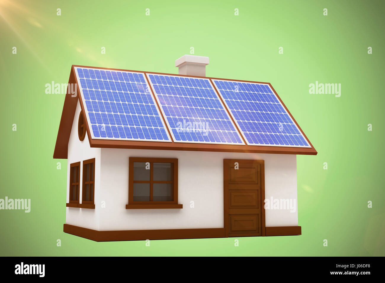 3D Abbildung des Hauses mit Sonnenkollektoren vor grünem Hintergrund Stockfoto