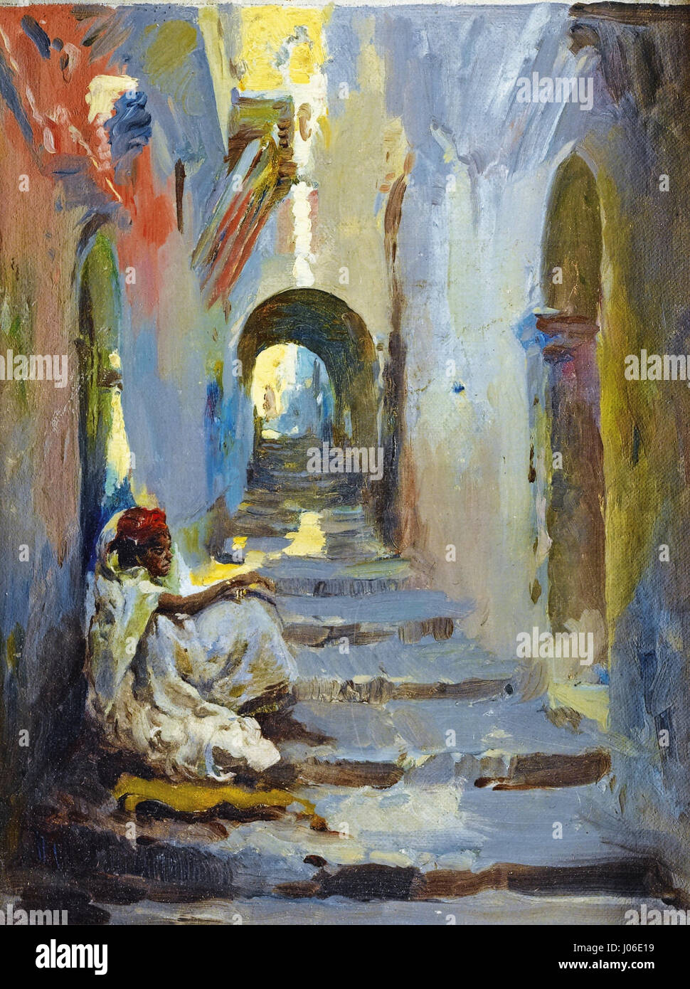 José Navarro Llorens „Escalier dans la Medina“ zeigt eine Treppe in einer traditionellen nordafrikanischen Medina, die Architektur und den lokalen Lebensstil mit detaillierten Pinselarbeiten einfängt und sich auf kulturelle Elemente konzentriert. Stockfoto