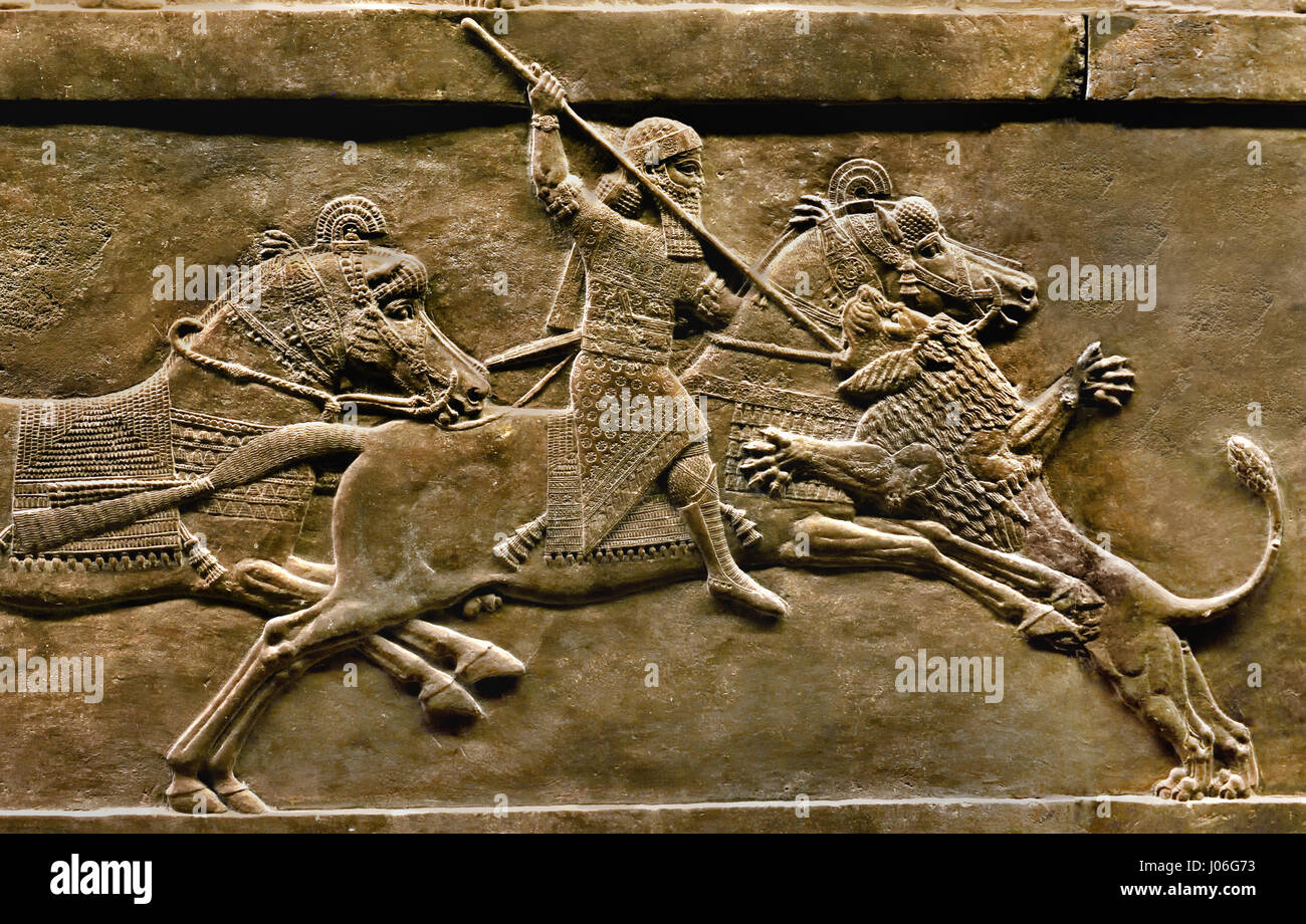 Die königliche Löwen jagen König Assurbanipals aus Nord-Palast von Ninive 645-635 v. Chr. Mesopotamien Irak Assyrien (König Assurbanipal oder Ashshurbanipal, Sohn von Esarhaddon und der letzte starke König des neuassyrischen Reiches (934 – 609 v. Chr.) Details Stockfoto