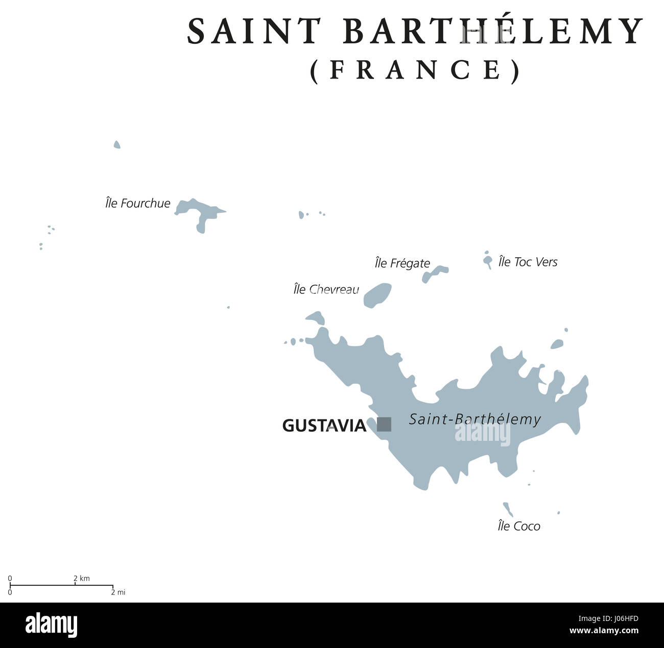 Saint Barthelemy politische Karte mit Hauptstadt Gustavia. Gebietskörperschaft Frankreichs in der Karibik. Auch St. Barths, St. Barts, Ouanalao. Stockfoto