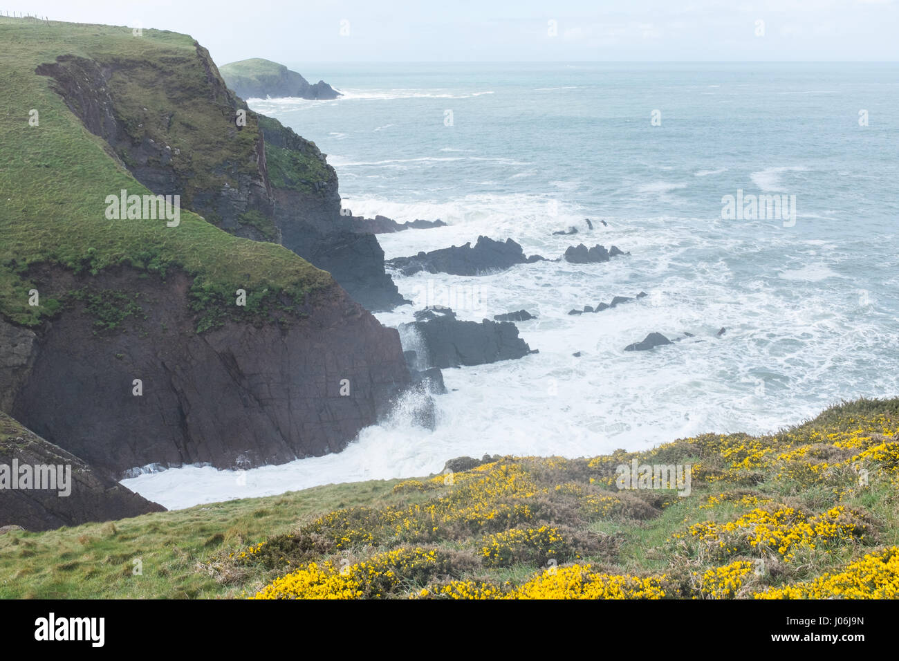 Rauhe See um die zerklüftete Küste von Pembrokeshire, Wales Stockfoto