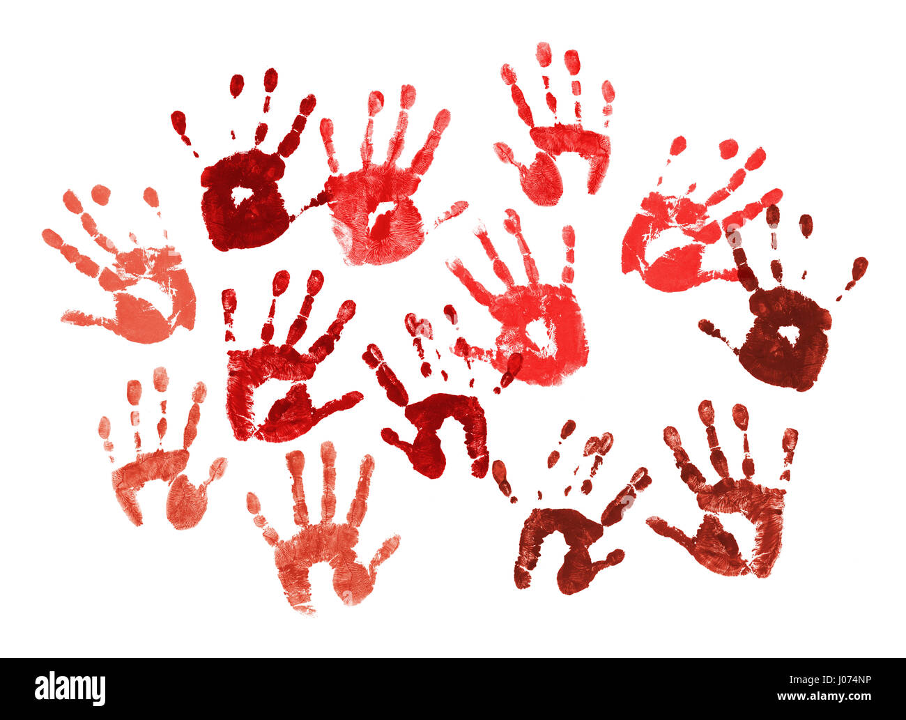 Blutige gruselige Hände Drucken auf weißem Hintergrund Stockfoto