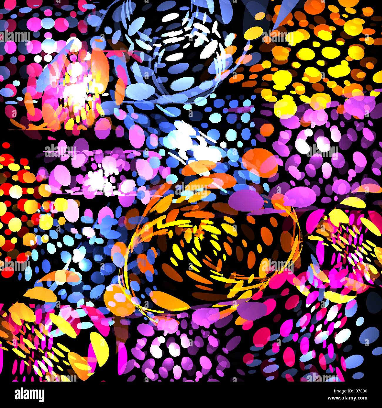 Isolierte abstrakte bunte Bläschen auf schwarzem Hintergrund, Kinder Tropfen gepunktete Textur helle Tapeten-Vektor-illustration Stock Vektor